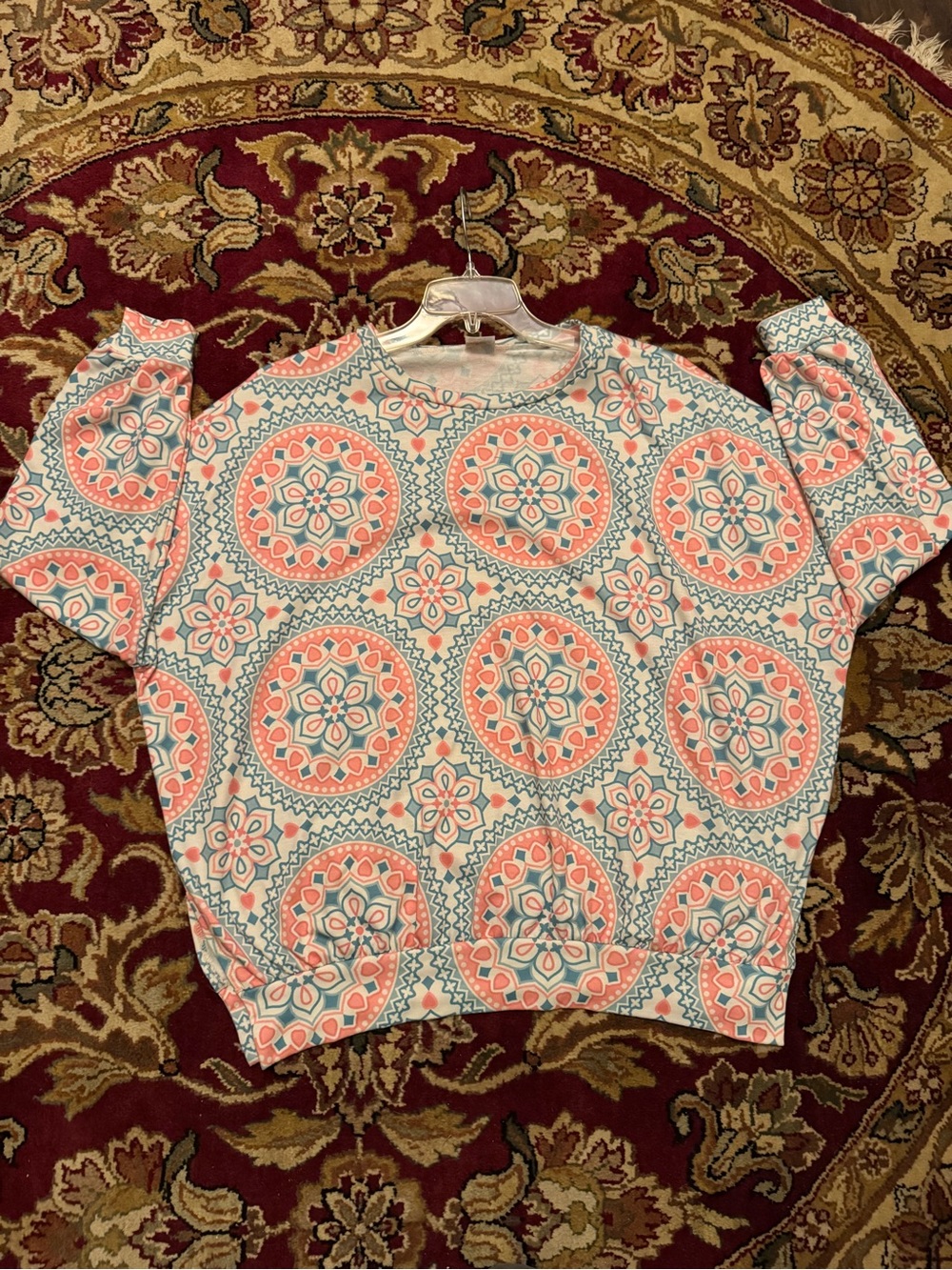 Women’s Coral & Teal Medallion Print Pullover Blouse- Dolman Sleeve & side-slits